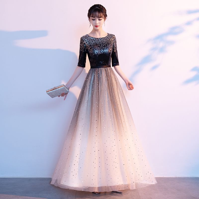 Gown Gradient A-Line Elbow-Sleeve Evening Sequin