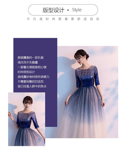 Gown Gradient A-Line Elbow-Sleeve Evening Sequin