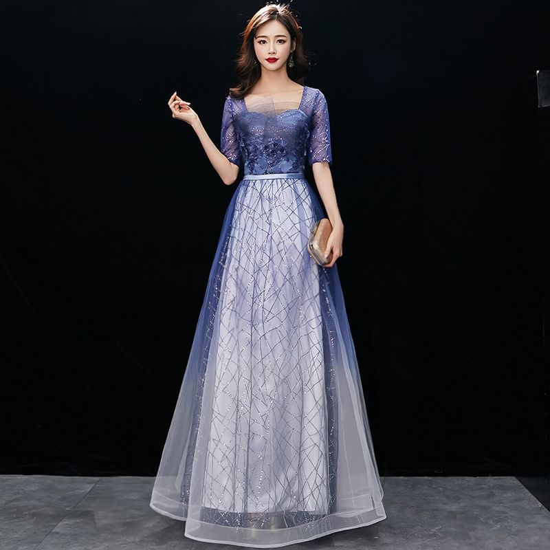 Sequin Gown Embroidered Flower Evening A-Line