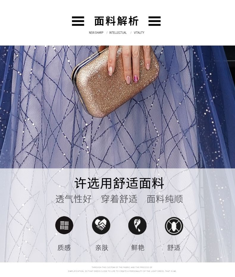 Sequin Gown Embroidered Flower Evening A-Line