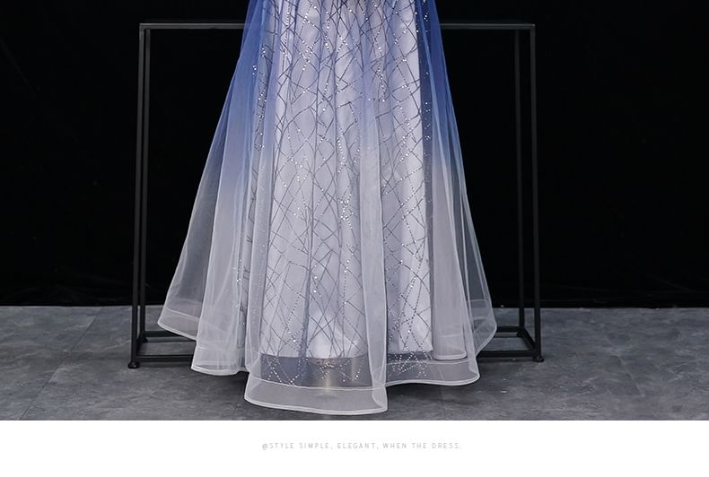 Sequin Gown Embroidered Flower Evening A-Line