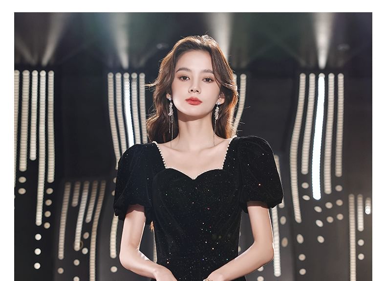 Gown Puff-Sleeve Sequin A-Line Evening