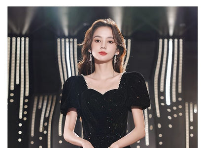 Gown Puff-Sleeve Sequin A-Line Evening