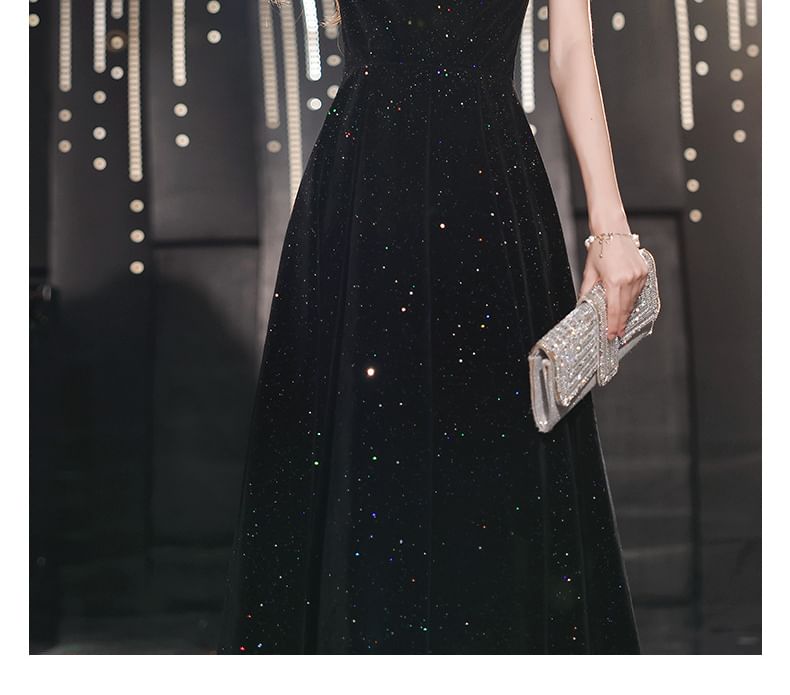 Gown Puff-Sleeve Sequin A-Line Evening