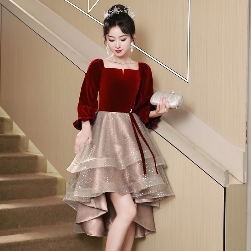 Sequin Dress Puff-Sleeve Cocktail Evening A-Line / Gown