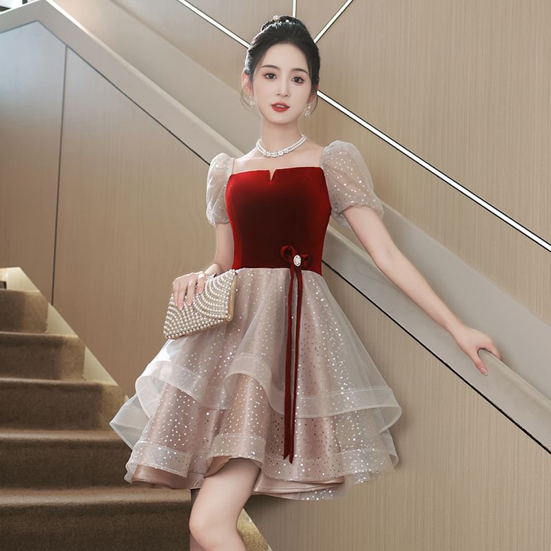 Sequin Dress Puff-Sleeve Cocktail Evening A-Line / Gown