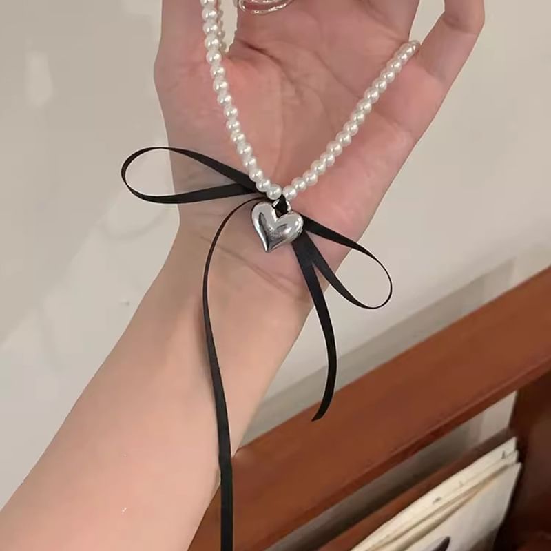 Ribbon Heart Pendant Faux Pearl Necklace