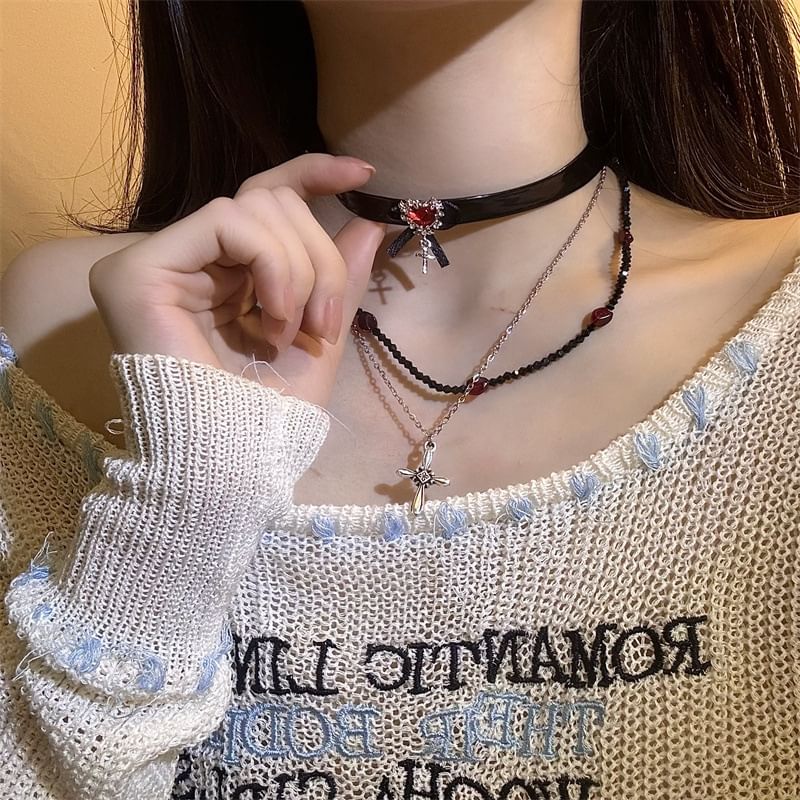 Cross Necklace / Faux Leather Rhinestone Choker