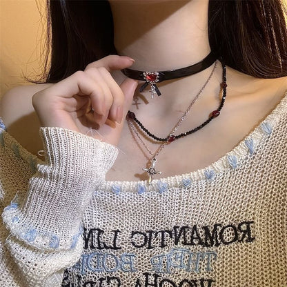 Cross Necklace / Faux Leather Rhinestone Choker
