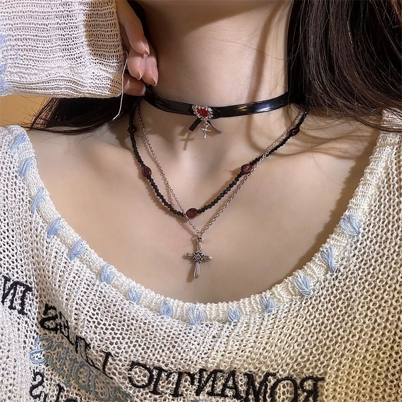 Cross Necklace / Faux Leather Rhinestone Choker