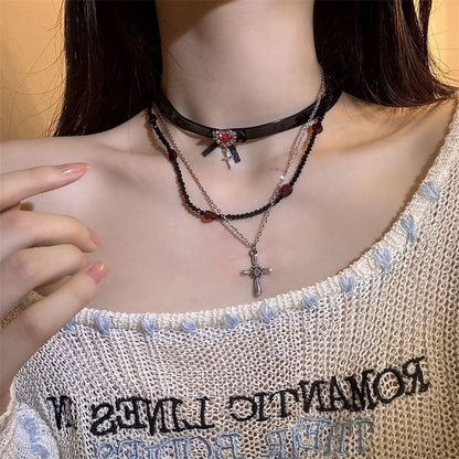 Cross Necklace / Faux Leather Rhinestone Choker
