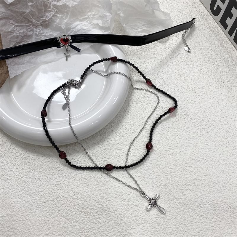 Cross Necklace / Faux Leather Rhinestone Choker
