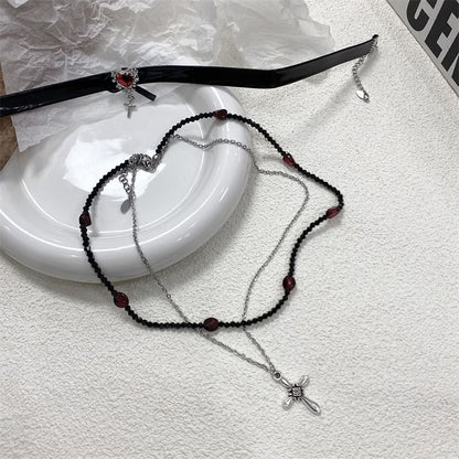 Cross Necklace / Faux Leather Rhinestone Choker