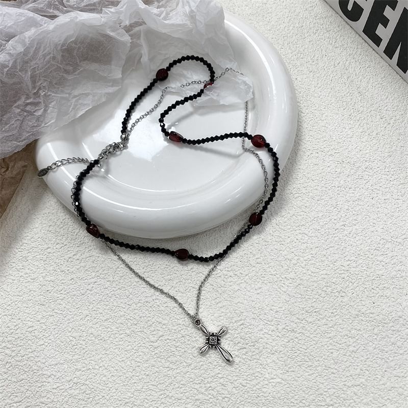 Cross Necklace / Faux Leather Rhinestone Choker