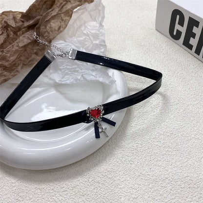 Cross Necklace / Faux Leather Rhinestone Choker