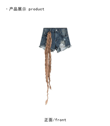 High Waist Washed Distressed Denim Shorts with Sash