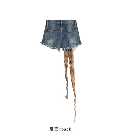 High Waist Washed Distressed Denim Shorts with Sash