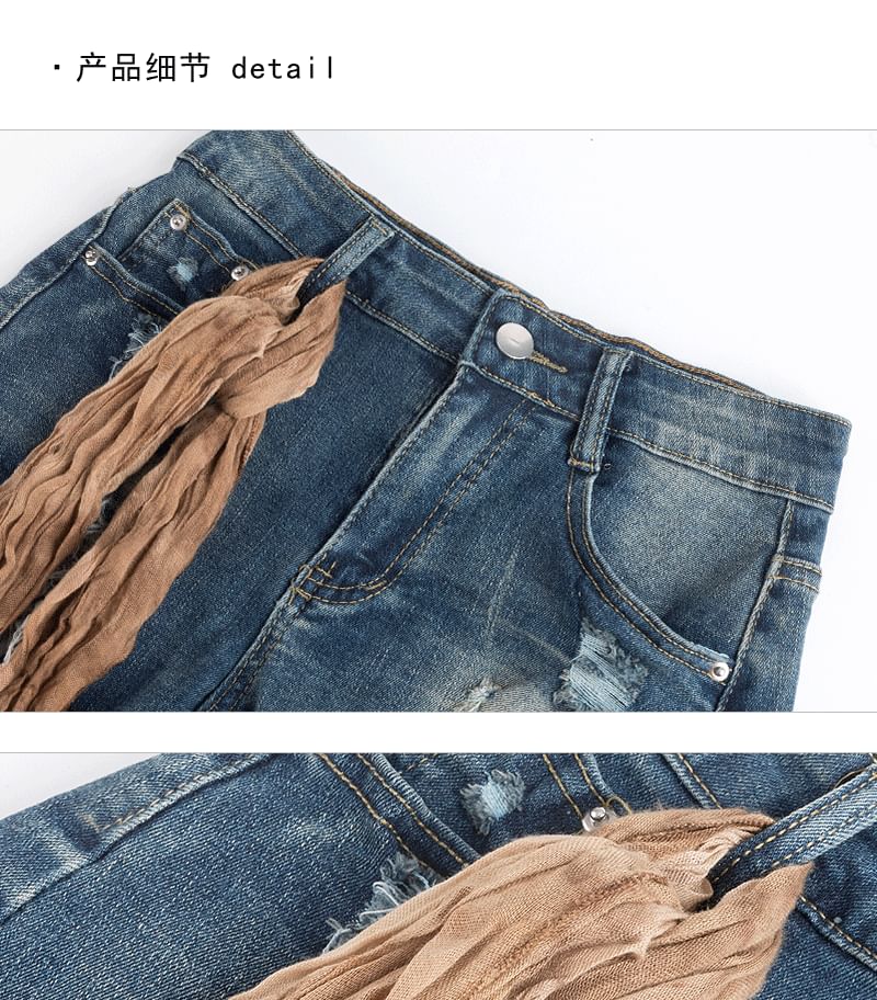 High Waist Washed Distressed Denim Shorts with Sash