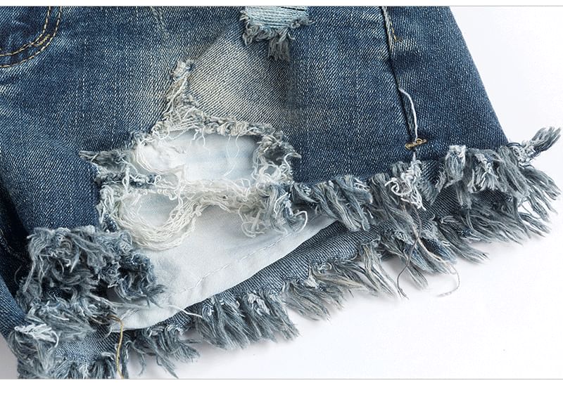 High Waist Washed Distressed Denim Shorts with Sash