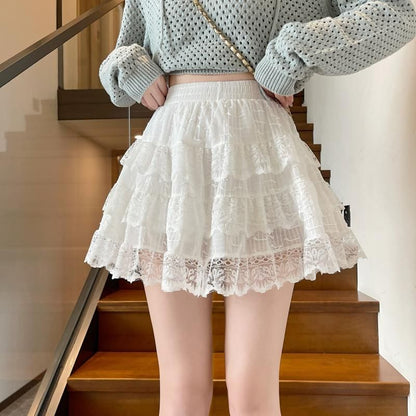 Layered Lace Ruffle High-Waist Mini Skirt