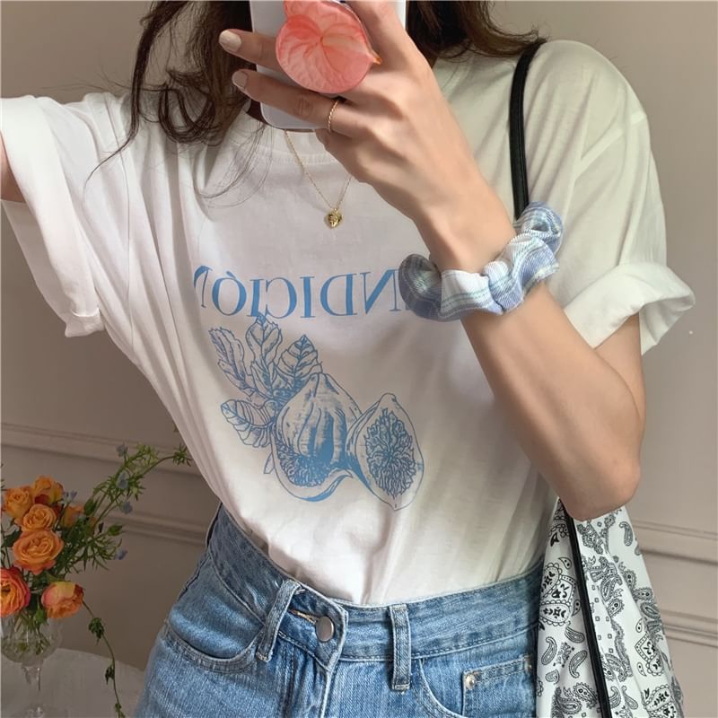 Short Sleeve Round Neck Fruit Print Tee