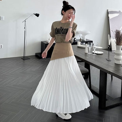 Two-Tone Pleated Maxi A-Line Skirt