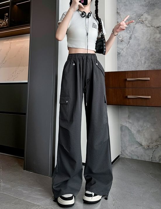 High Waist Pocketed Drawstring Wide Leg Parachute Cargo Sweatpants