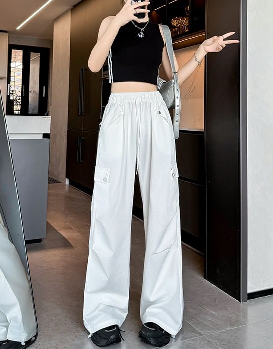 High Waist Pocketed Drawstring Wide Leg Parachute Cargo Sweatpants