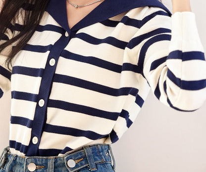 Sailor Collar Striped Cardigan