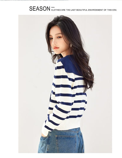 Sailor Collar Striped Cardigan