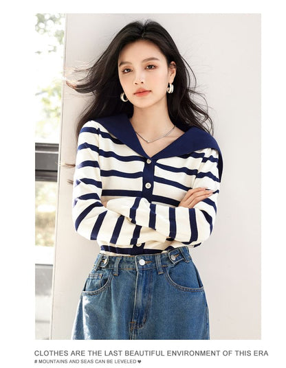 Sailor Collar Striped Cardigan