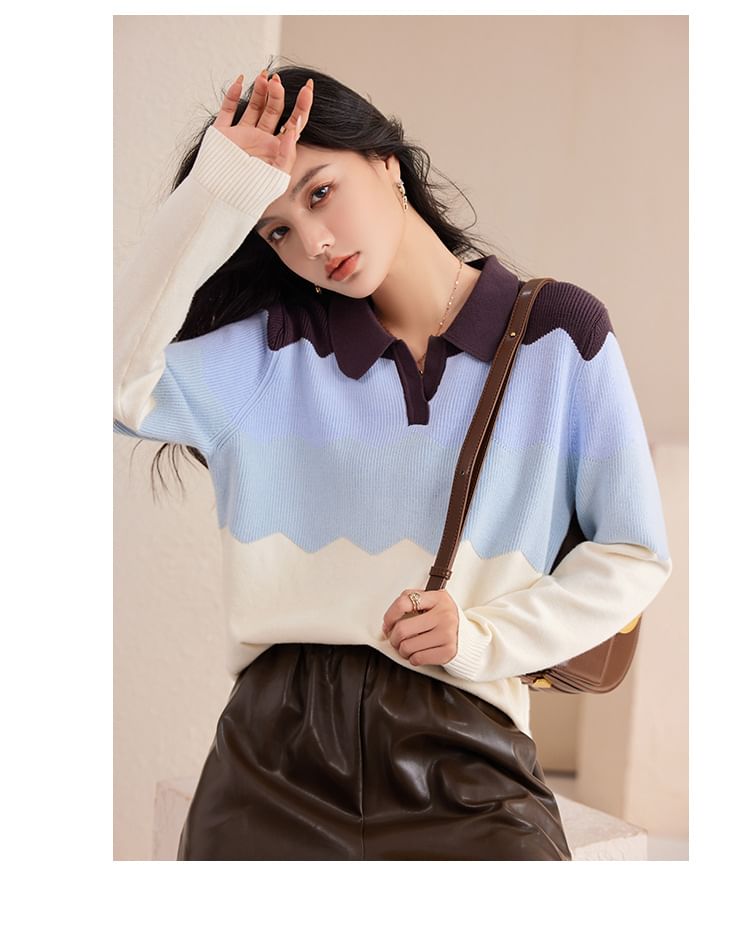 Polo Neck Color Block Sweater