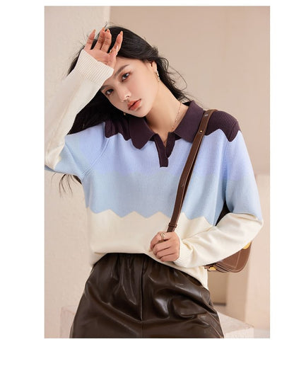 Polo Neck Color Block Sweater