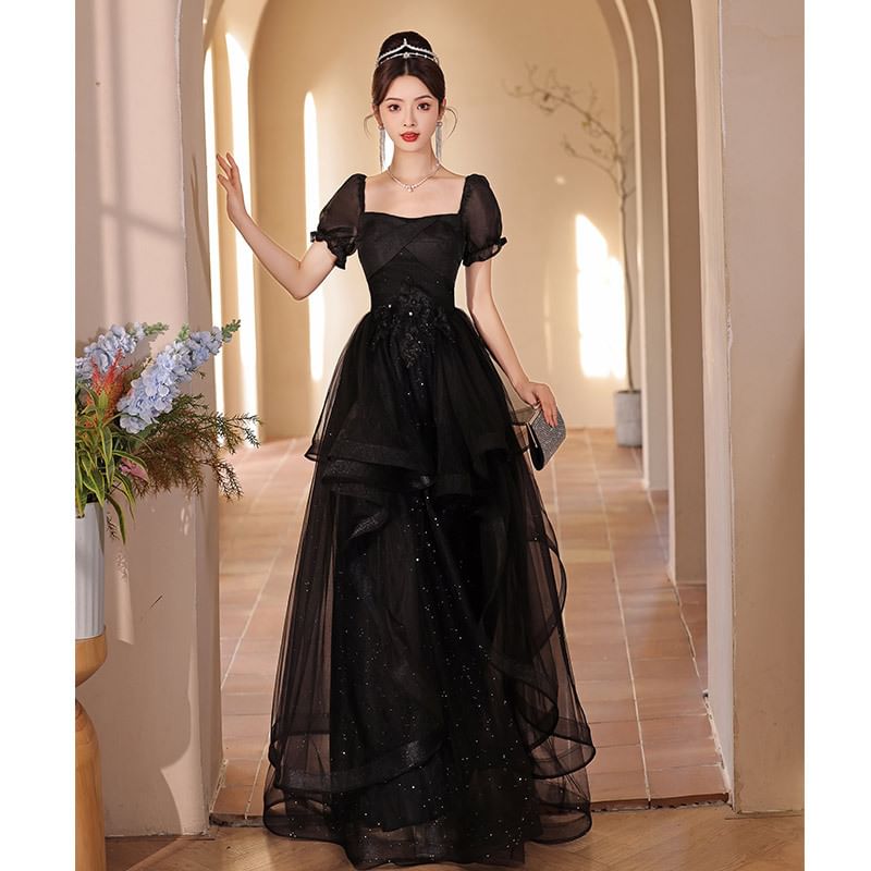 Puff-Sleeve Square Neck Sequin Ruffle A-Line Evening Gown