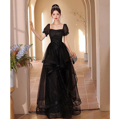 Puff-Sleeve Square Neck Sequin Ruffle A-Line Evening Gown