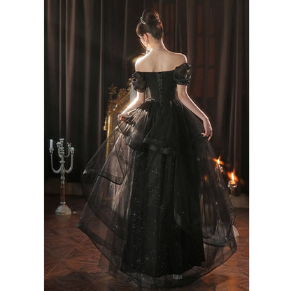 Puff-Sleeve Square Neck Sequin Ruffle A-Line Evening Gown