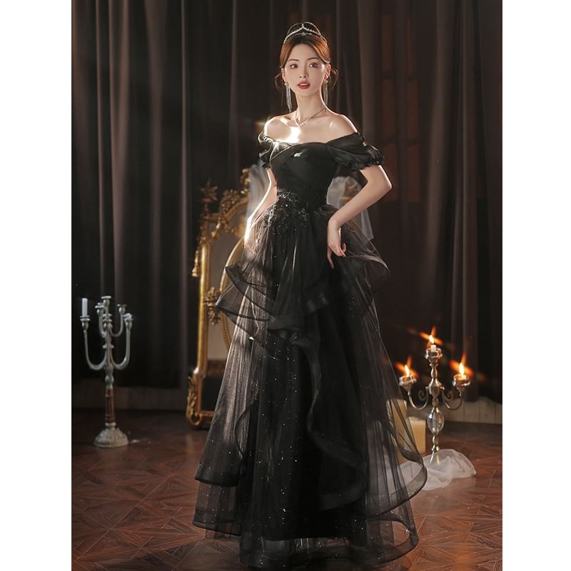 Puff-Sleeve Square Neck Sequin Ruffle A-Line Evening Gown
