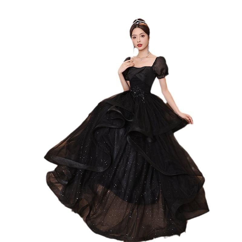 Puff-Sleeve Square Neck Sequin Ruffle A-Line Evening Gown
