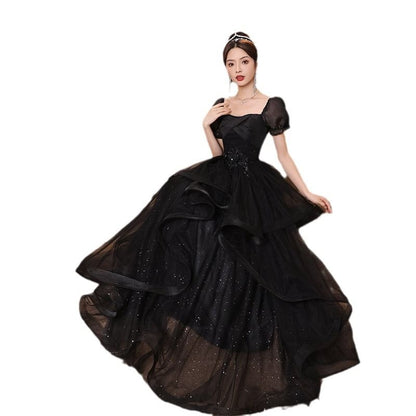 Puff-Sleeve Square Neck Sequin Ruffle A-Line Evening Gown