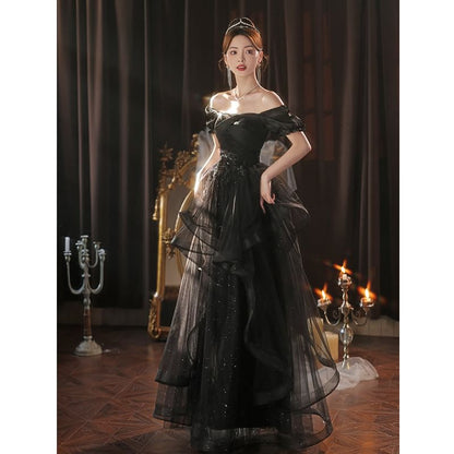 Puff-Sleeve Square Neck Sequin Ruffle A-Line Evening Gown