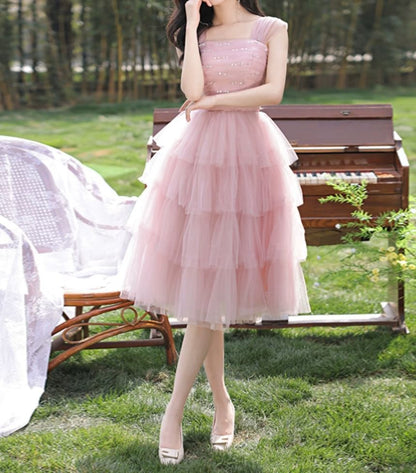Cap-Sleeve Square Neck Sequin Tiered Ruffle Midi A-Line Cocktail Dress