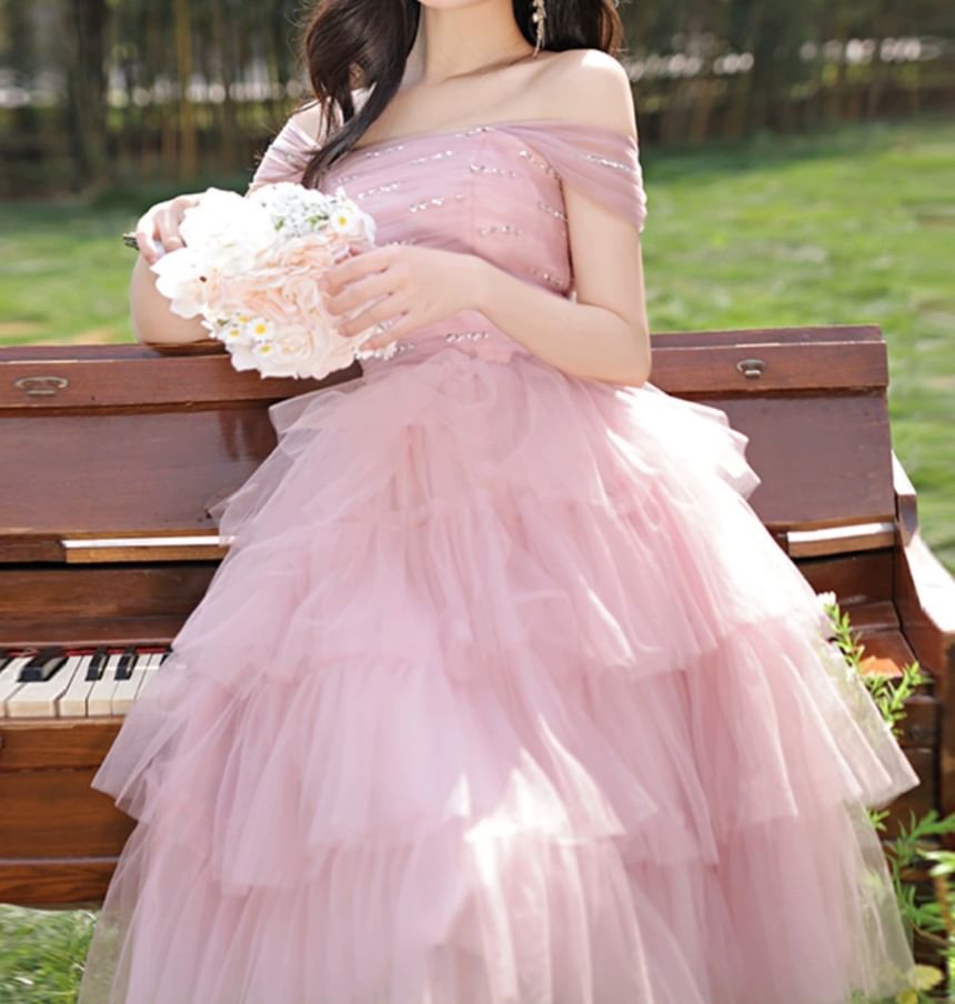Cap-Sleeve Square Neck Sequin Tiered Ruffle Midi A-Line Cocktail Dress