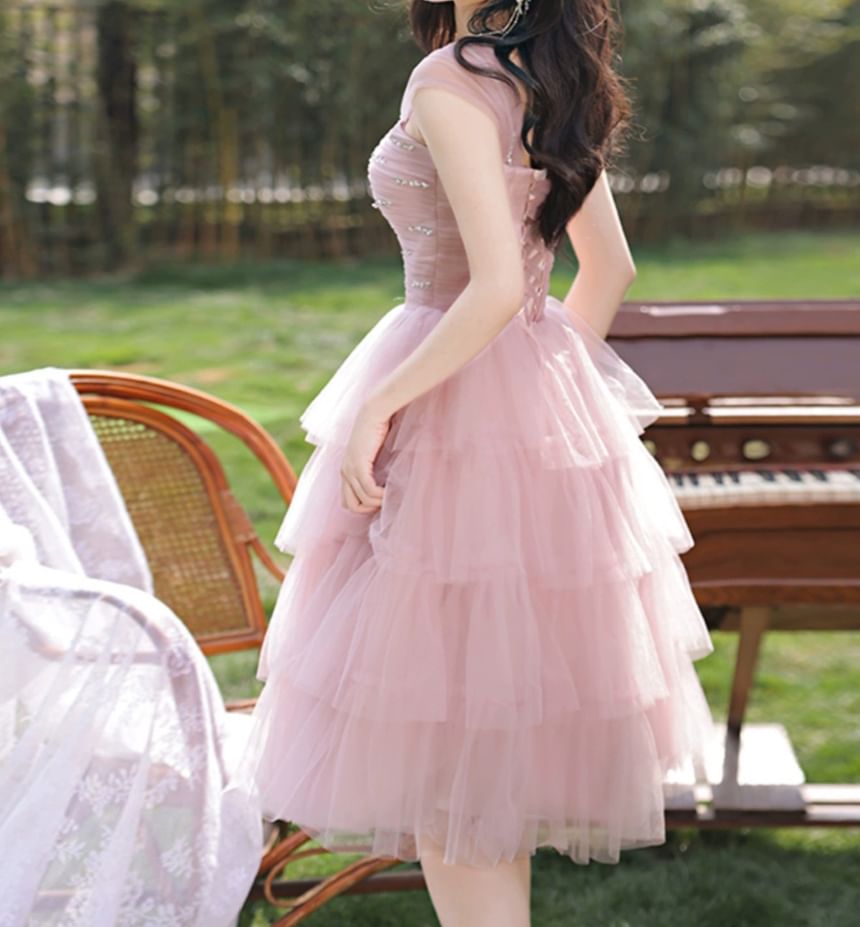 Cap-Sleeve Square Neck Sequin Tiered Ruffle Midi A-Line Cocktail Dress
