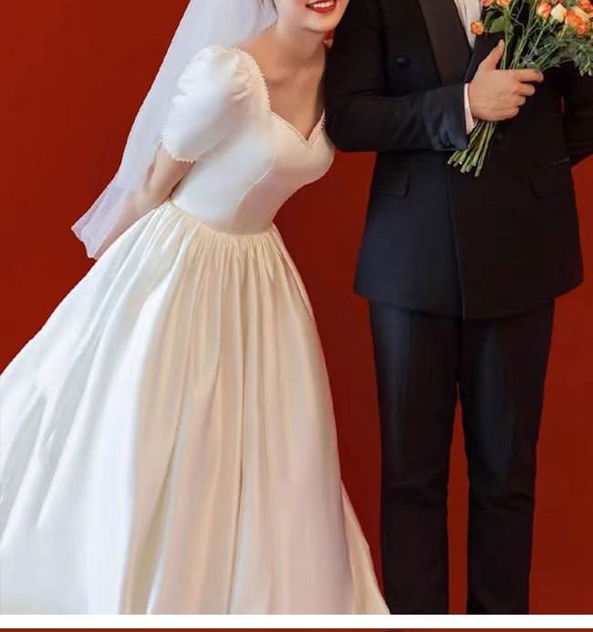 Short-Sleeve V-Neck Plain Satin A-Line Wedding Gown