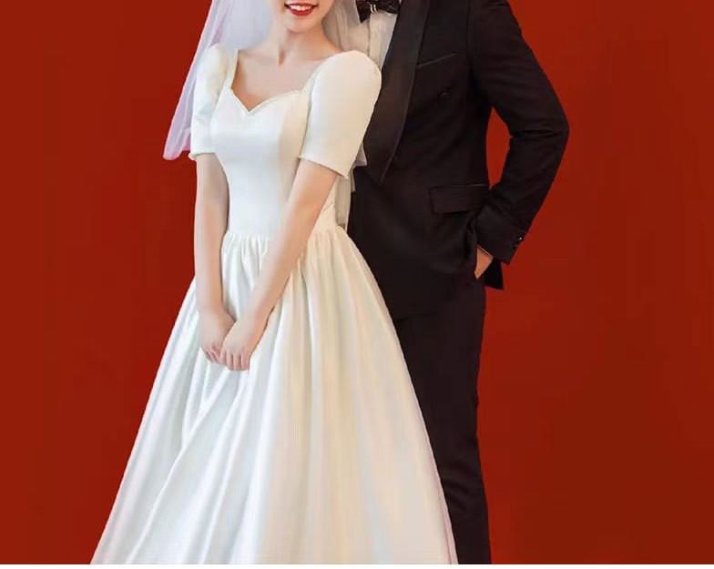 Short-Sleeve V-Neck Plain Satin A-Line Wedding Gown