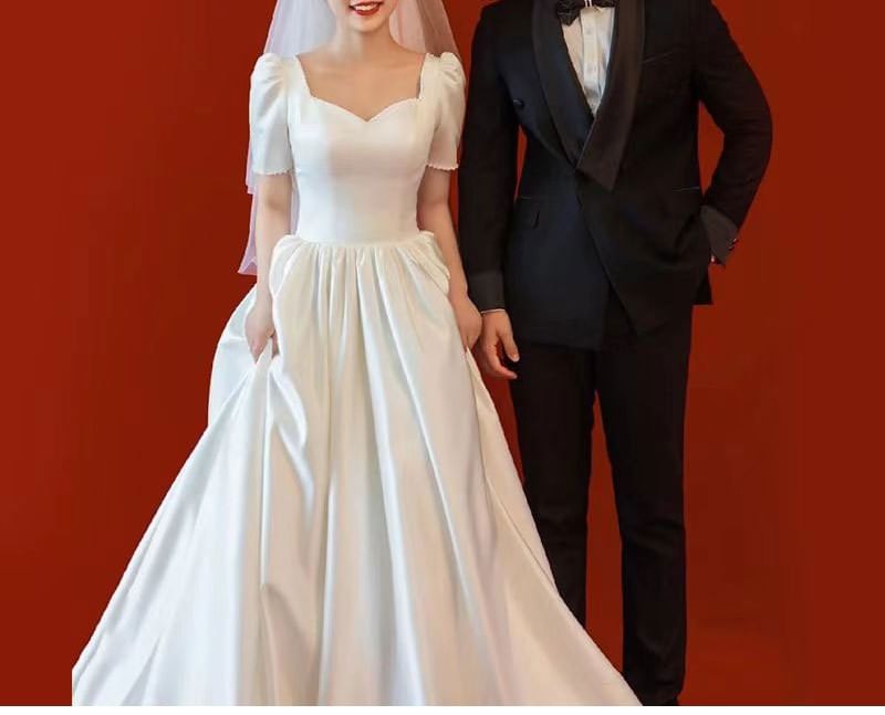 Short-Sleeve V-Neck Plain Satin A-Line Wedding Gown