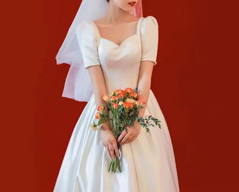 Short-Sleeve V-Neck Plain Satin A-Line Wedding Gown