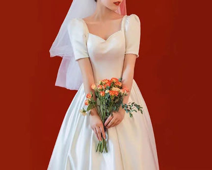 Short-Sleeve V-Neck Plain Satin A-Line Wedding Gown