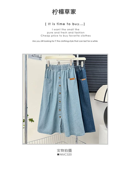 Elastic Waist Denim A-Line Midi Skirt with Pockets