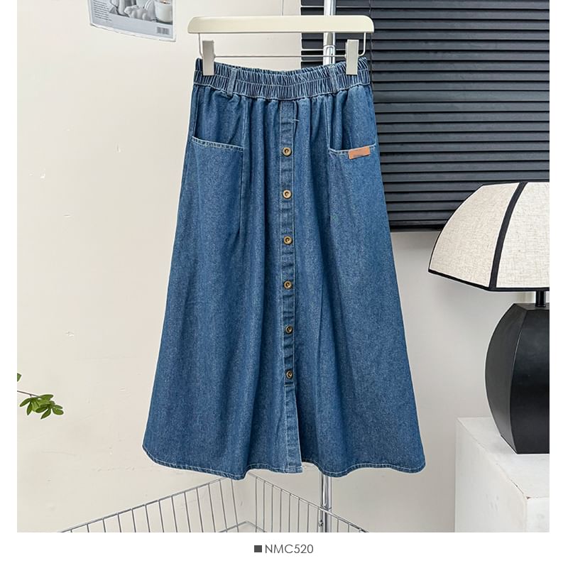 Elastic Waist Denim A-Line Midi Skirt with Pockets